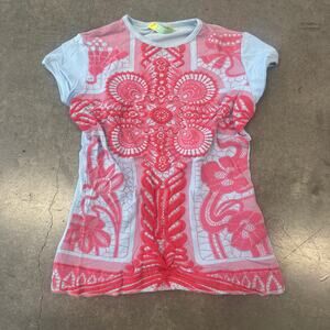 Vintage Y2K Fornarina Made In Italy Cross Embossed Puff Baby Tee Blue Pink Small